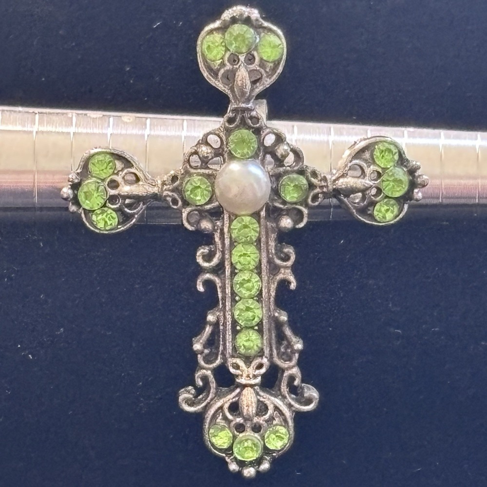 Cross Silver Tone Green Rhinestone Pearl Adjustable Stretch Band Goth